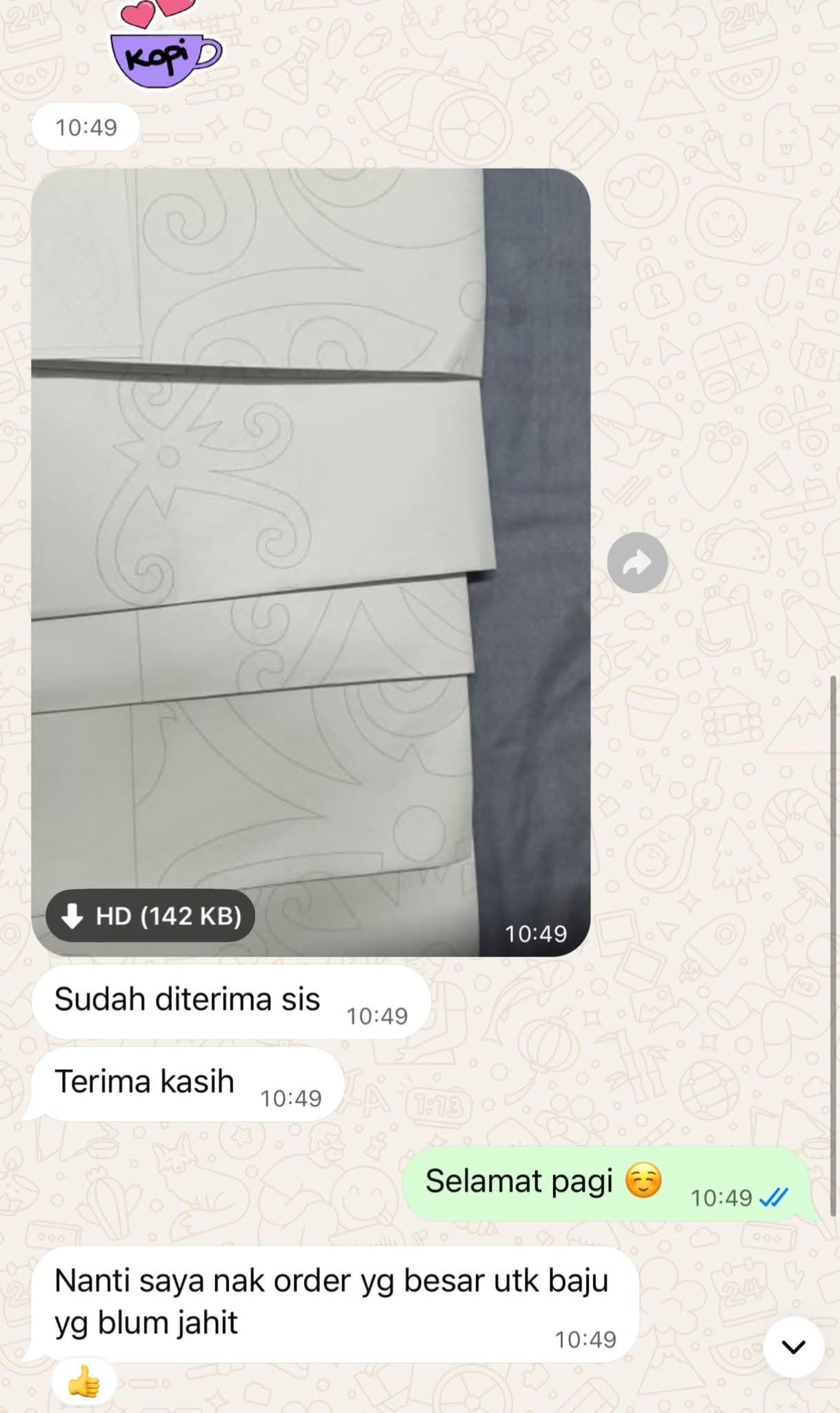 Paparan mesej testimoni pelanggan: Sudah diterima sis. Terima kasih.