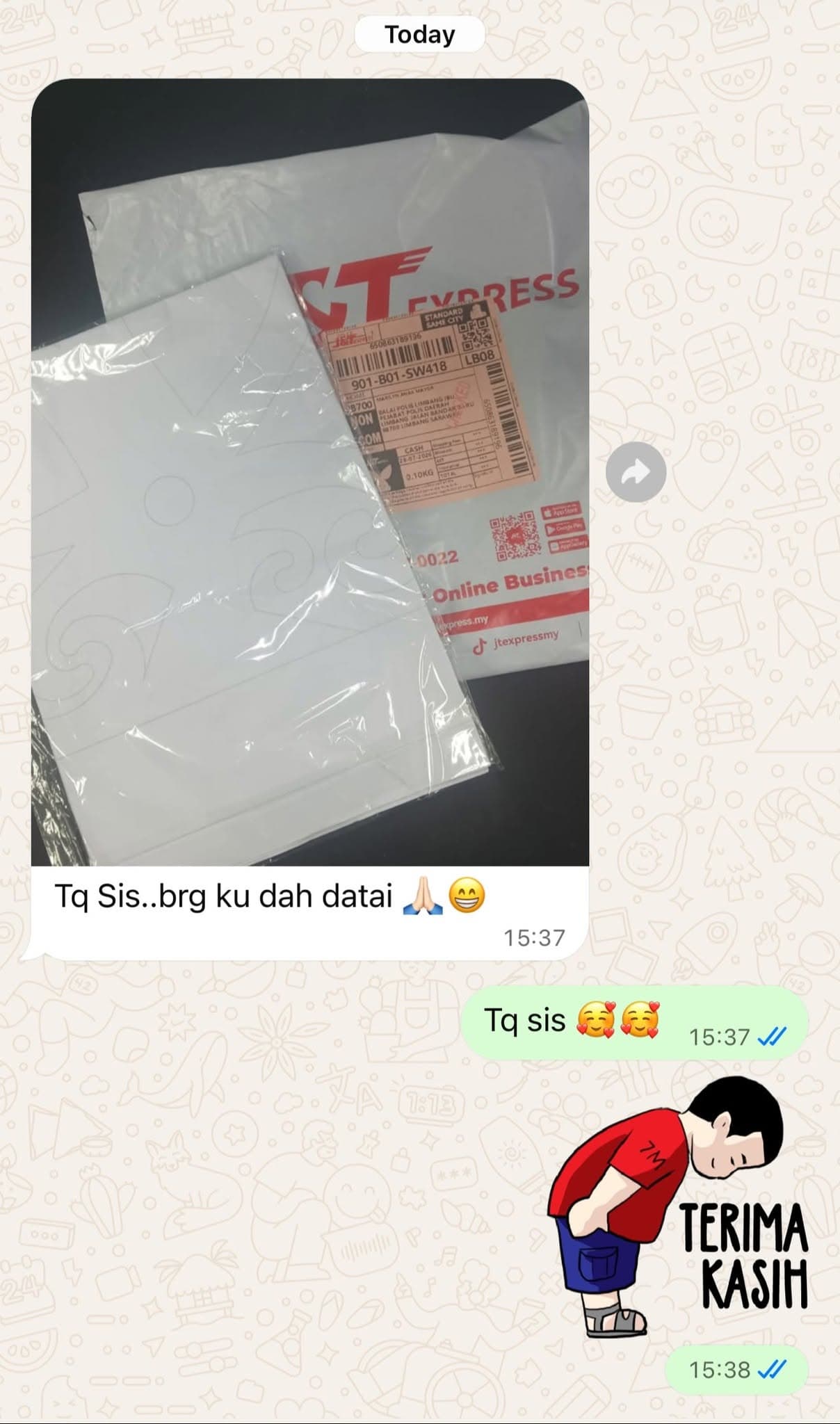 Paparan mesej testimoni pelanggan: Barang ku dah datai!