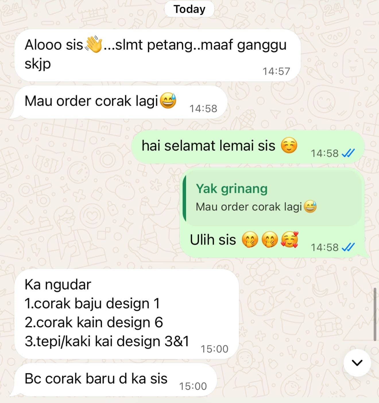 Paparan mesej testimoni pelanggan: Mau order corak lagi.